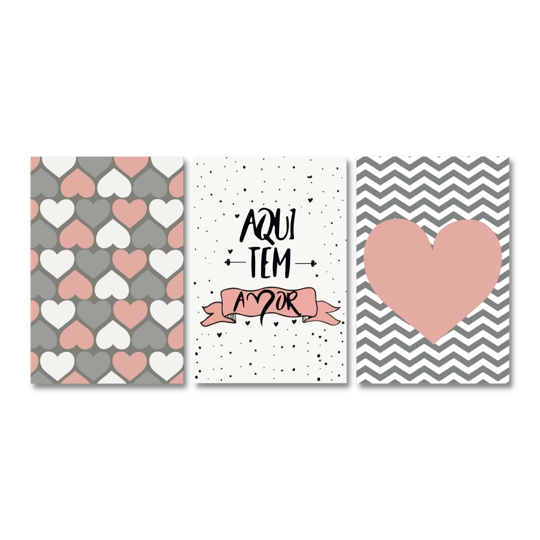 Quadros Decorativos Sala Frase Aqui tem Amor Kit 3 Placas