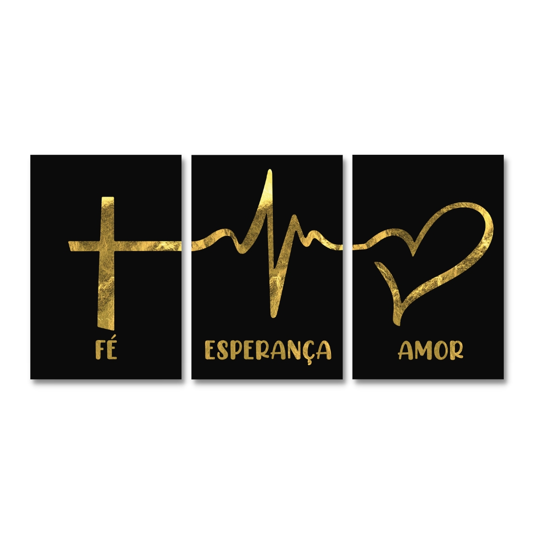 Quadros Decorativos Sala Frase Fé Esperança Amor Kit 3 Placa