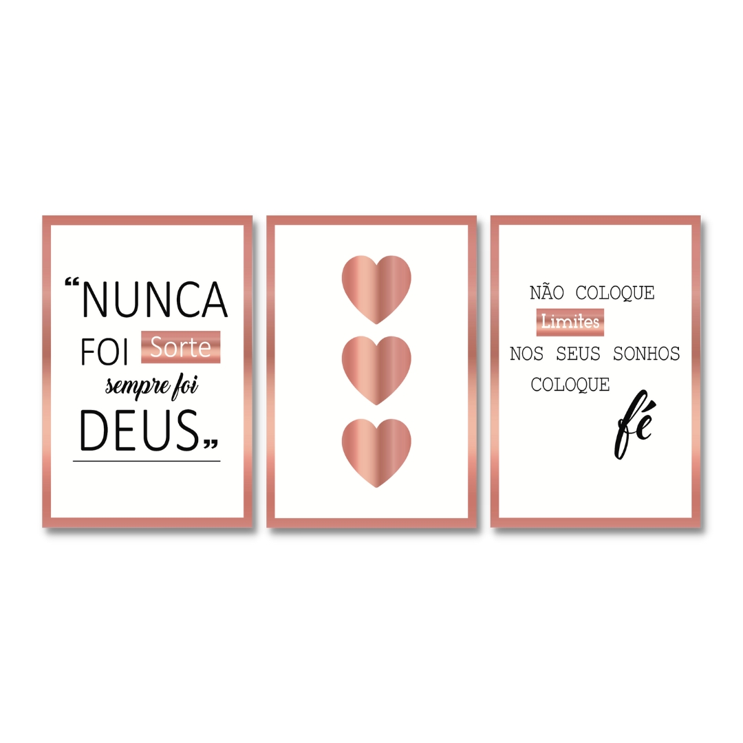 Quadros Decorativos Sala Frase Nunca Foi Sorte Kit 3 Placas