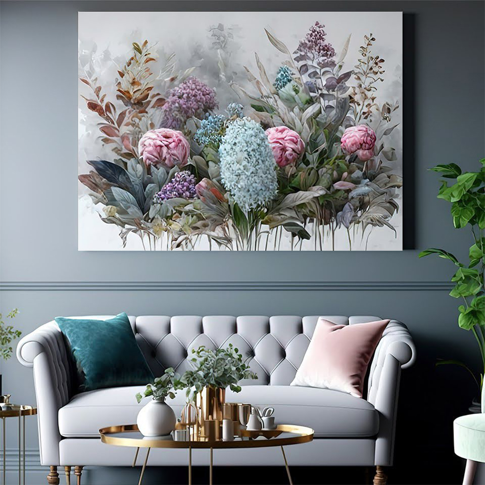 Quadro Decorativo Floral Pintura, Tela em Canvas na Horizontal ideal para ambiente de Sala de estar, jantar, reuniões, Quarto e Hall de entrada
