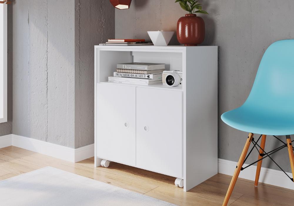 Balcão Organizador Multiuso com Mesa Recolhivel e Rodizios Funcionale Branco - Art In Móveis