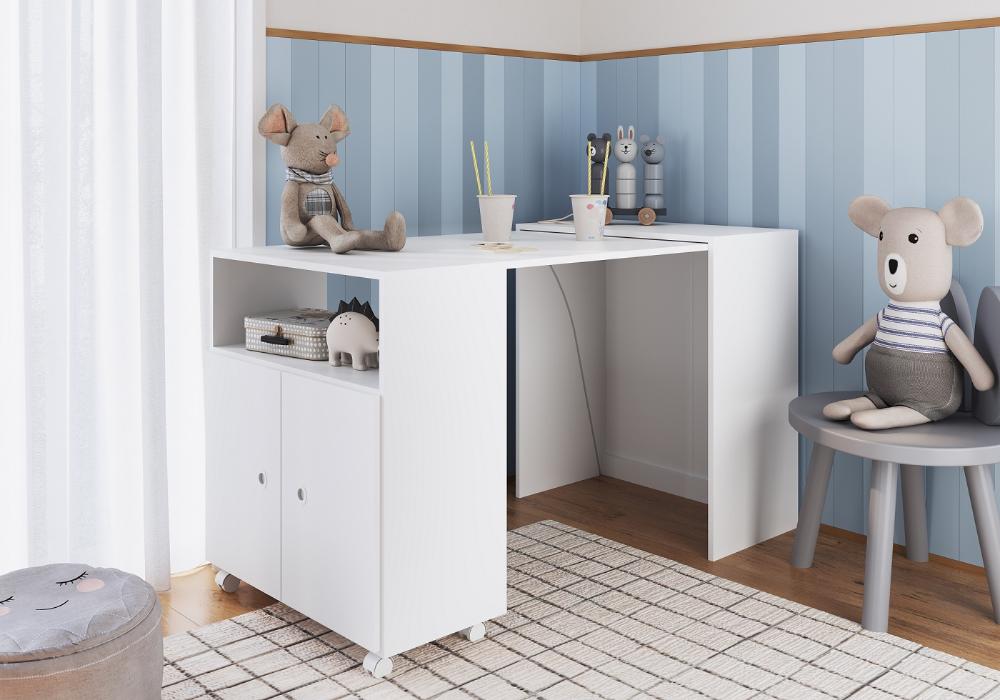 Balcão Organizador Multiuso com Mesa Recolhivel e Rodizios Funcionale Branco - Art In Móveis