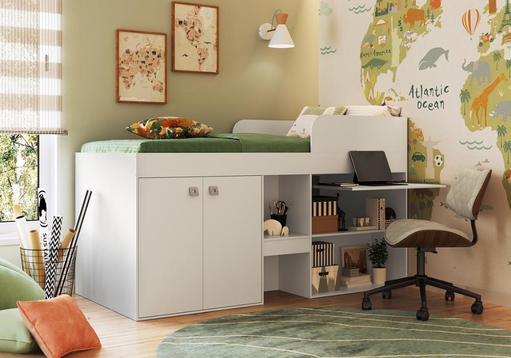 Cama Alta Multifuncional c/ escrivaninha 90 Monterey Branco