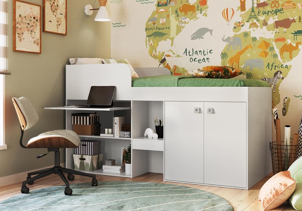Cama Alta Multifuncional c/ escrivaninha 90 Monterey Branco
