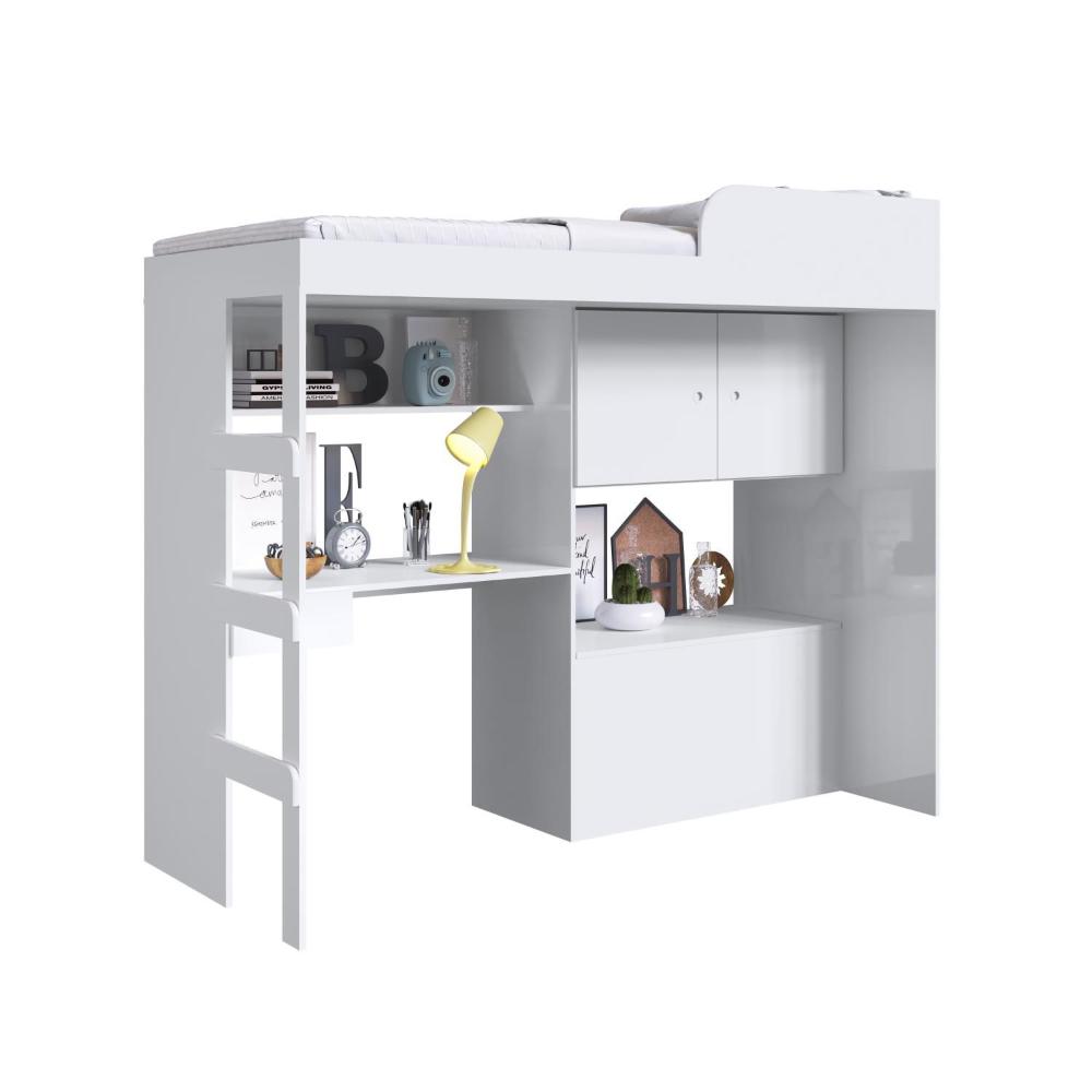 Cama Alta Multifuncional com baú e Estação de Trabalho 80 Lion Branco - Art In Móveis