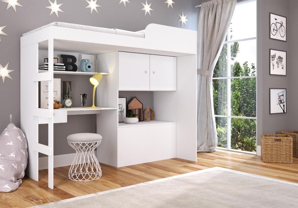 Cama Alta Multifuncional com baú e Estação de Trabalho 80 Lion Branco - Art In Móveis