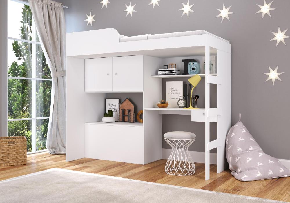 Cama Alta Multifuncional com baú e Estação de Trabalho 80 Lion Branco - Art In Móveis