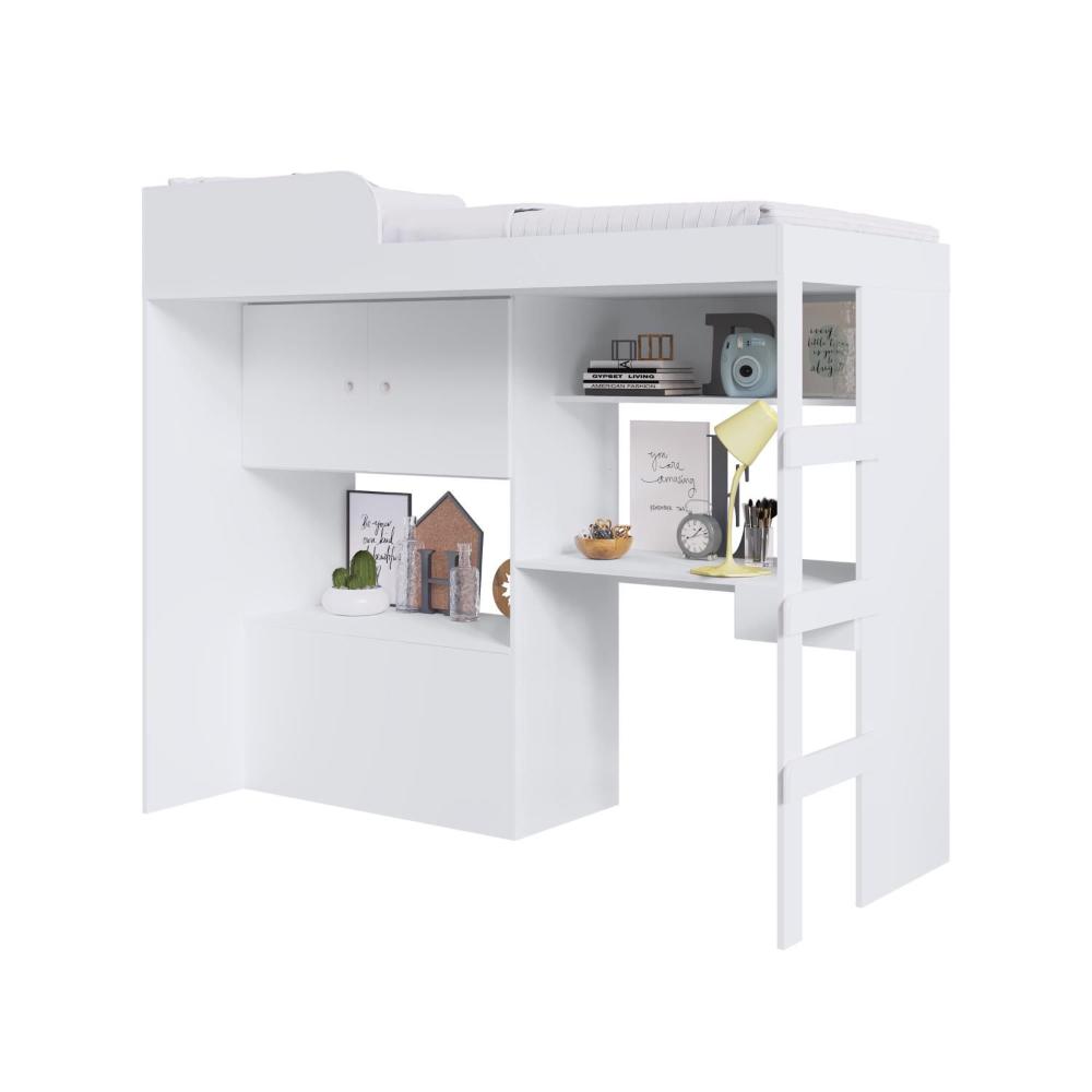 Cama Alta Multifuncional com baú e Estação de Trabalho 80 Lion Branco - Art In Móveis