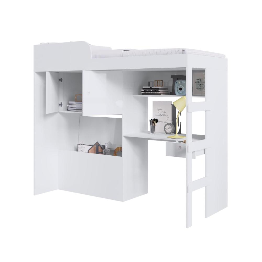 Cama Alta Multifuncional com baú e Estação de Trabalho 80 Lion Branco - Art In Móveis