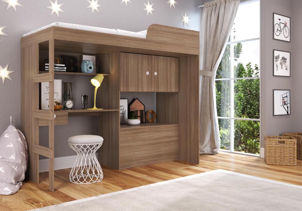 Cama Alta Multifuncional com baú e Estação de Trabalho 80 Lion Montana - Art In Móveis