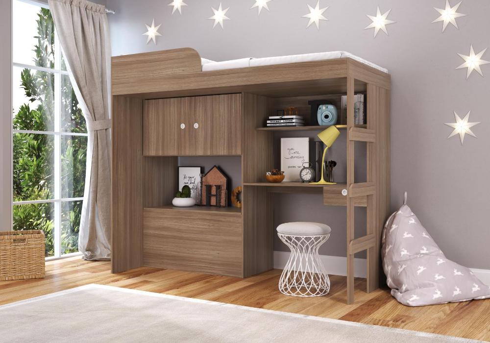 Cama Alta Multifuncional com baú e Estação de Trabalho 80 Lion Montana - Art In Móveis