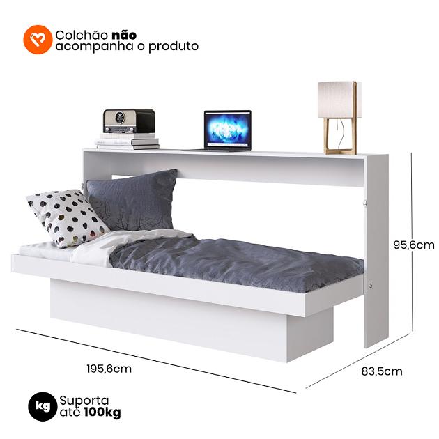 Cama Articulável Horizontal Solteiro c/ Estação de Trabalho 80 Latino Branco - Art in móveis