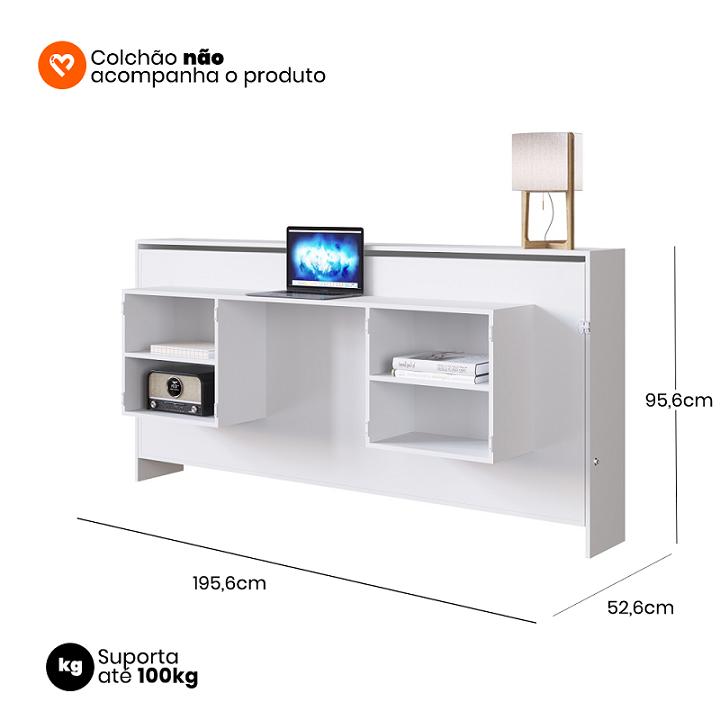 Cama Articulável Horizontal Solteiro c/ Estação de Trabalho 80 Latino Branco - Art in móveis
