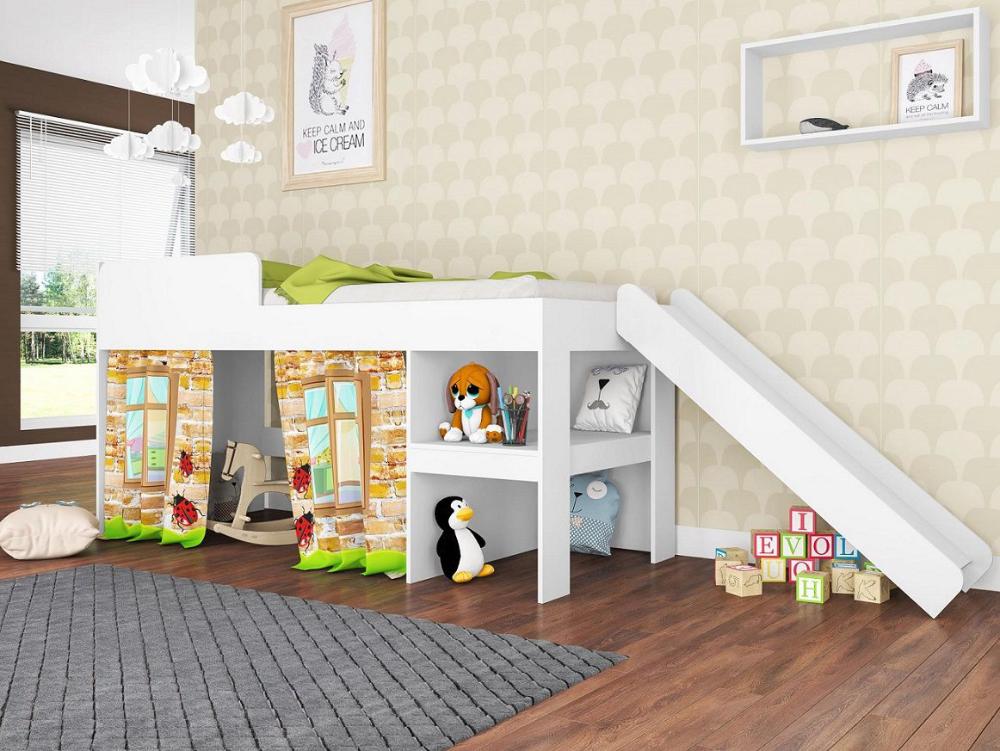 Cama Infantil com Escorregador e Cortina 90 Playground Branco - Art In Móveis