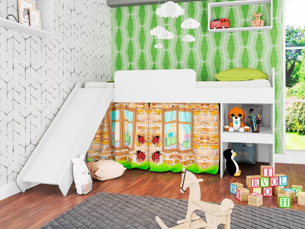 Cama Infantil com Escorregador e Cortina 90 Playground Branco - Art In Móveis