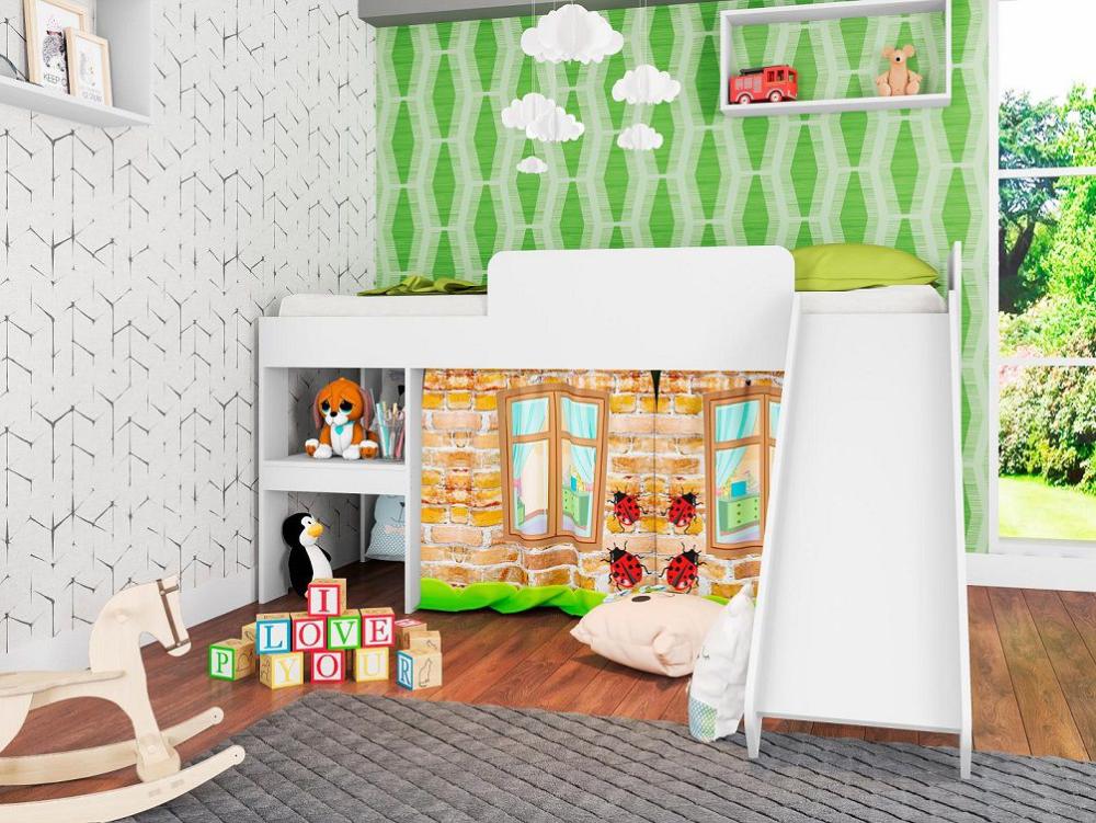 Cama Infantil com Escorregador e Cortina 90 Playground Branco - Art In Móveis