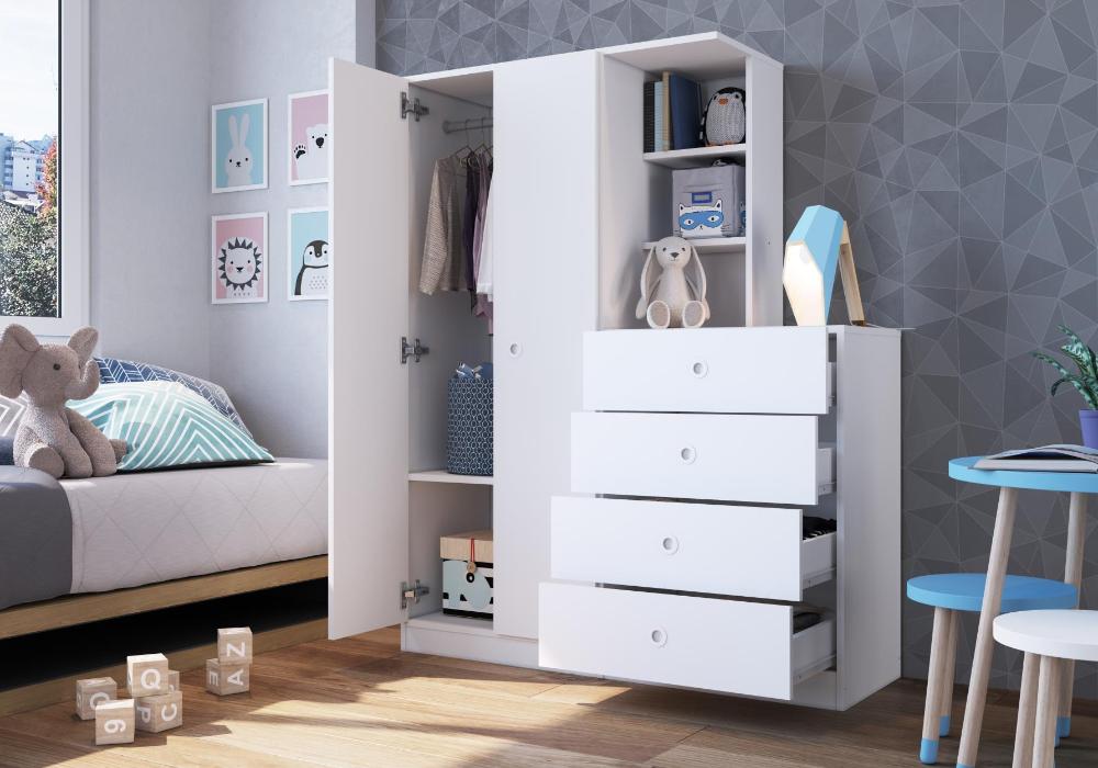 Guarda Roupas 2 Portas e Comoda 4 Gavetas Montessoriano Branco - Art In Móveis