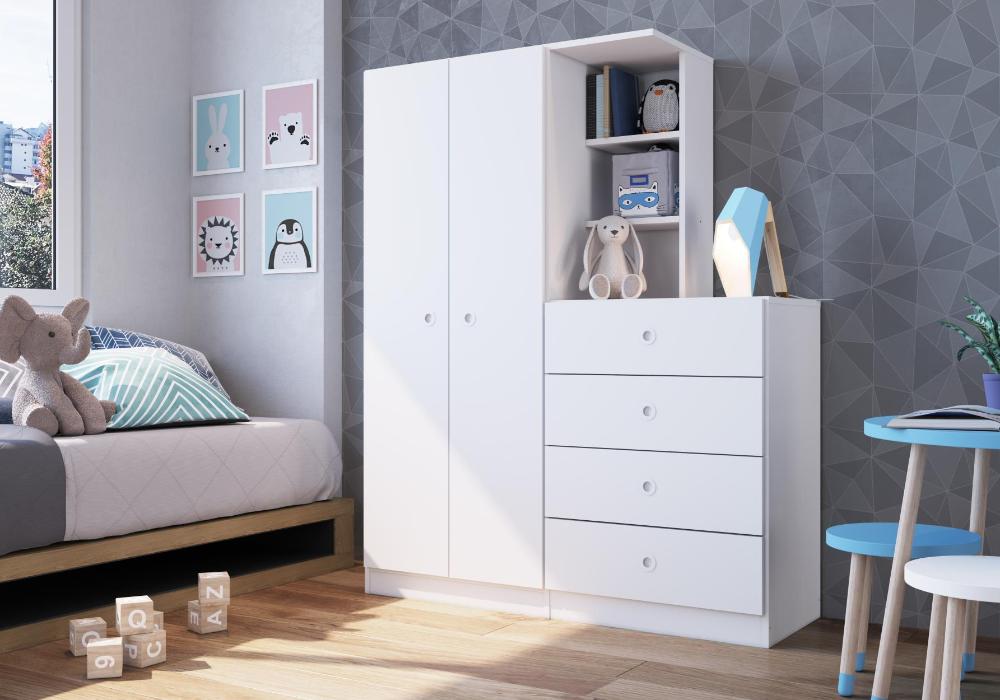Guarda Roupas 2 Portas e Comoda 4 Gavetas Montessoriano Branco - Art In Móveis
