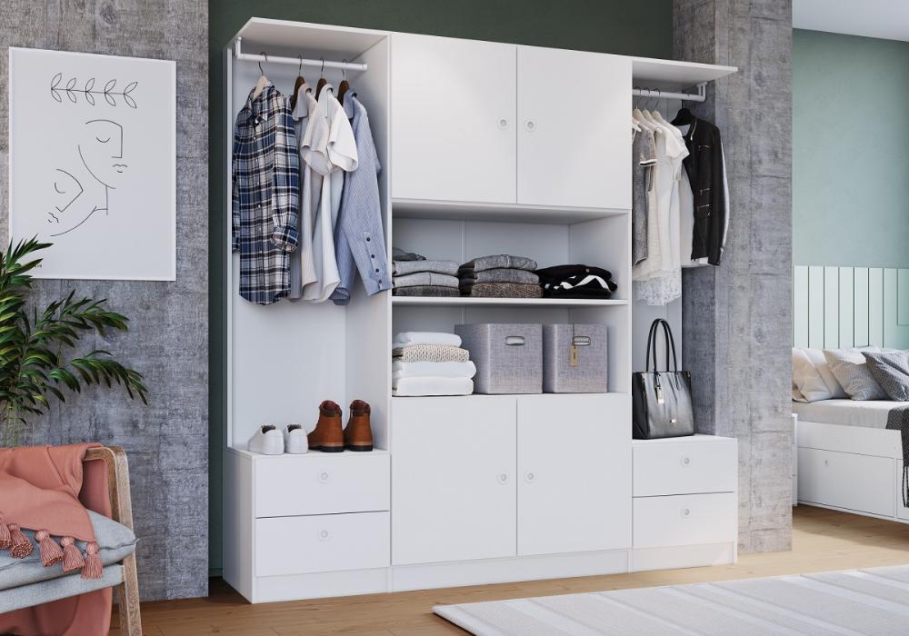 Guarda Roupas Casal 4 Portas e 4 Gavetas  e 2 cabideiros Closet Branco - Art In Móveis