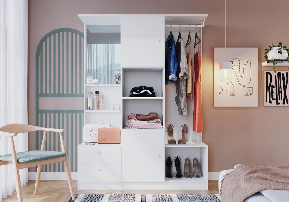 Guarda Roupas Solteiro c/ Espelho, 2 Portas e 2 Gavetas Closet Branco - Art In Móveis