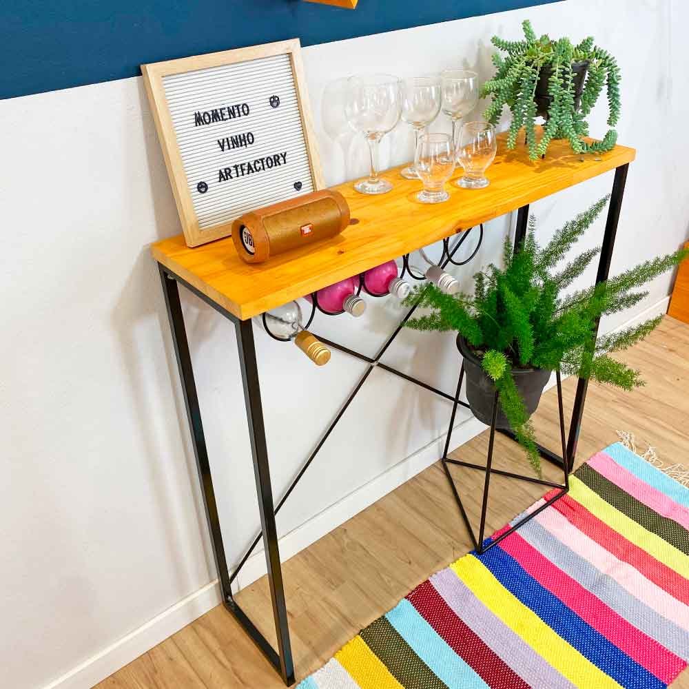 Aparador de Ferro e Madeira Style Line Industrial com Suporte para Vinho Carvalho e Preto