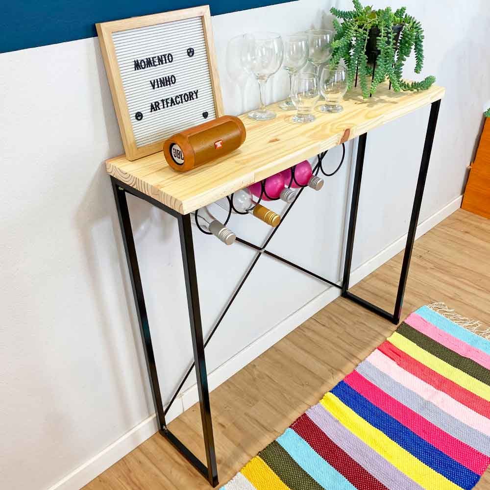 Aparador de Ferro e Madeira Style Line Industrial com Suporte para Vinho Natural e Preto