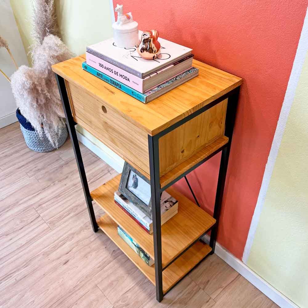 Aparador de Ferro e Madeira Style Slim Industrial Uno com Gaveta Nozes e Preto
