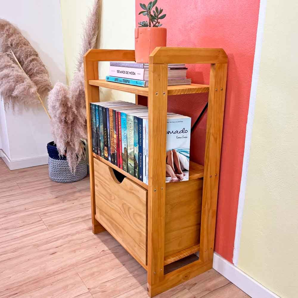 Aparador de Madeira Pinus Linea de 3 Prateleiras Slim com 1 Gaveta Nozes