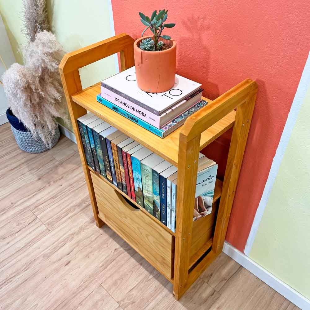 Aparador de Madeira Pinus Linea de 3 Prateleiras Slim com 1 Gaveta Nozes