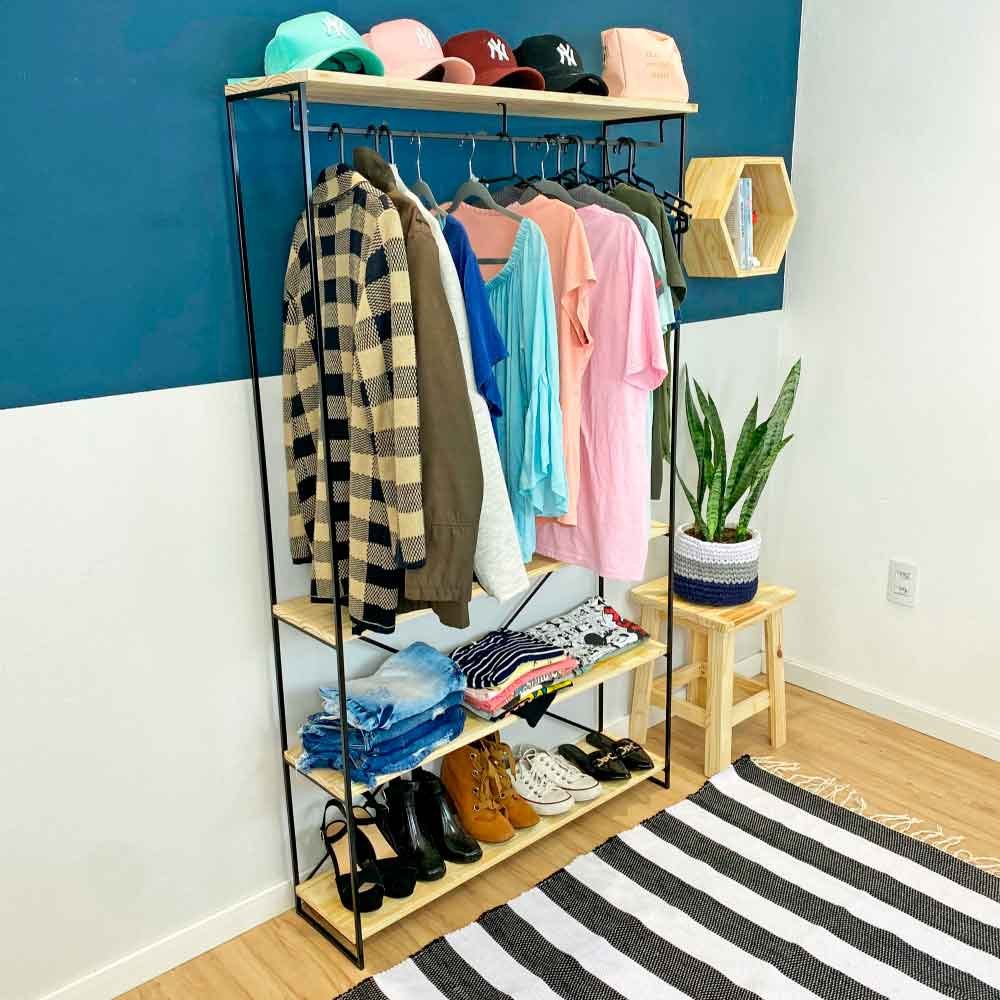 Arara Armário Modular Industrial Ample de Ferro e Madeira Natural e Preto