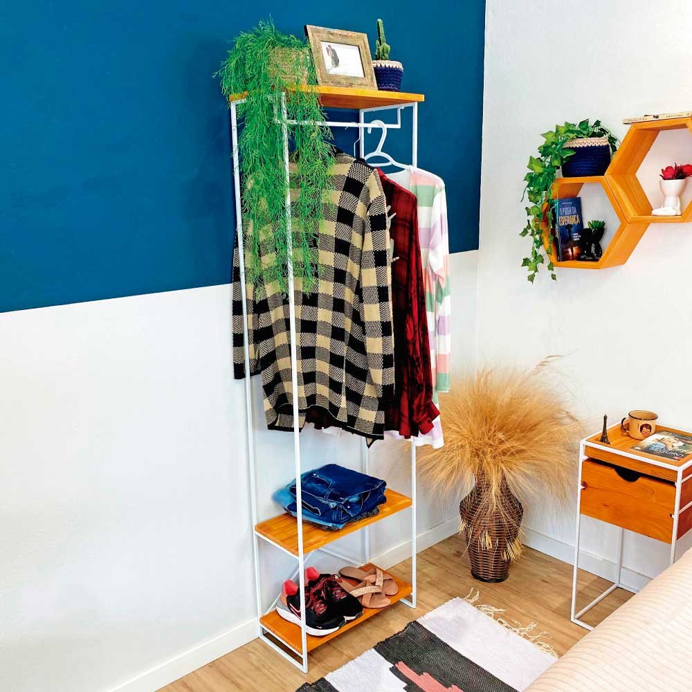 Arara Armário Modular Industrial Slim de Ferro e Madeira Carvalho e Branco