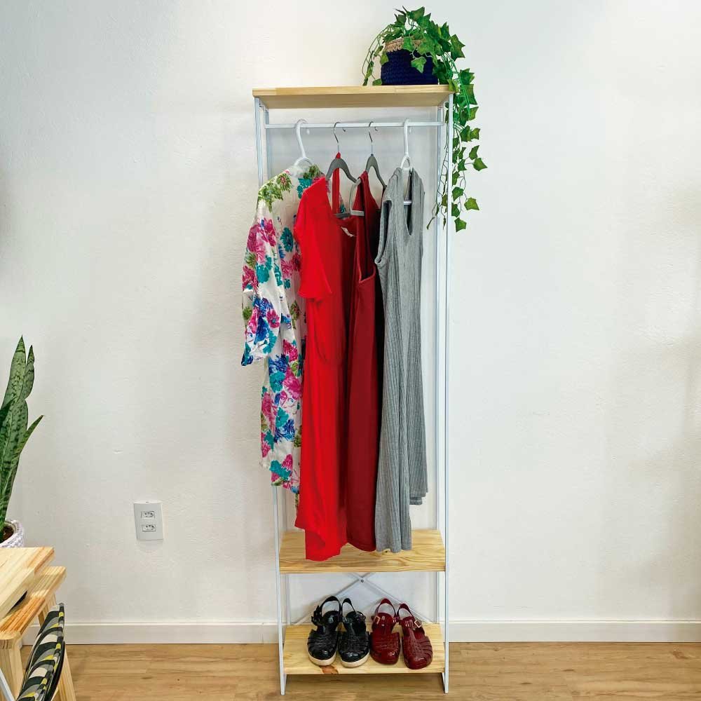 Arara Armário Modular Industrial Slim de Ferro e Madeira Natural e Branco