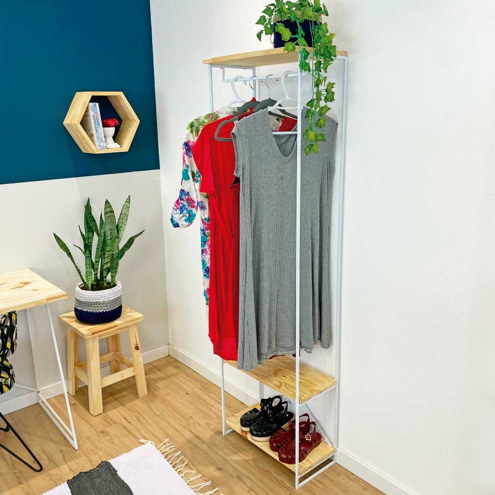 Arara Armário Modular Industrial Slim de Ferro e Madeira Natural e Branco
