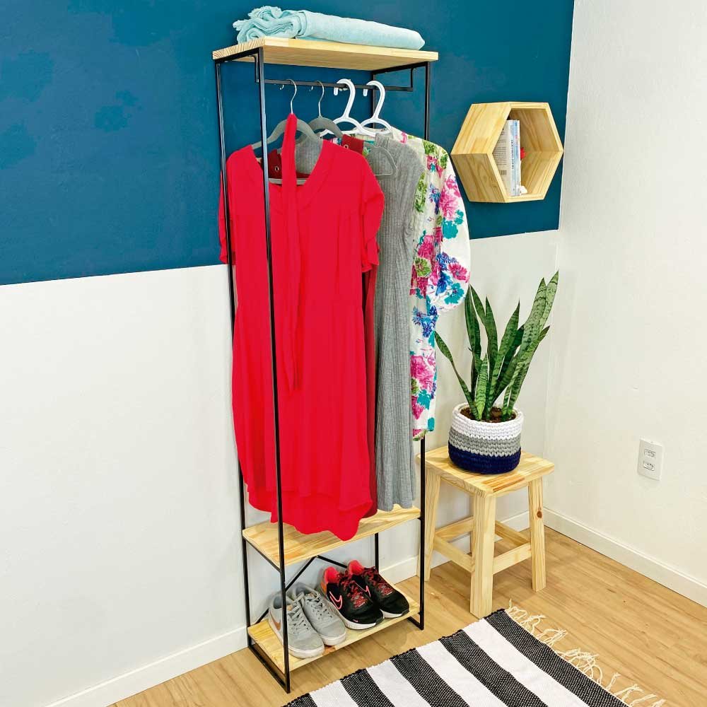 Arara Armário Modular Industrial Slim de Ferro e Madeira Natural e Preto