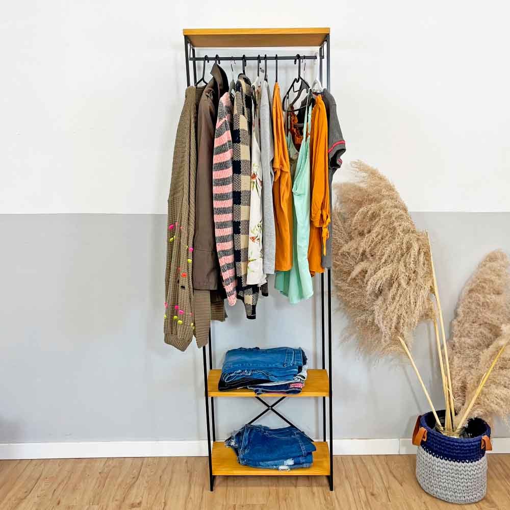 Arara de Roupas Armário Modular Industrial Slim de Ferro e Madeira Nozes e Preto