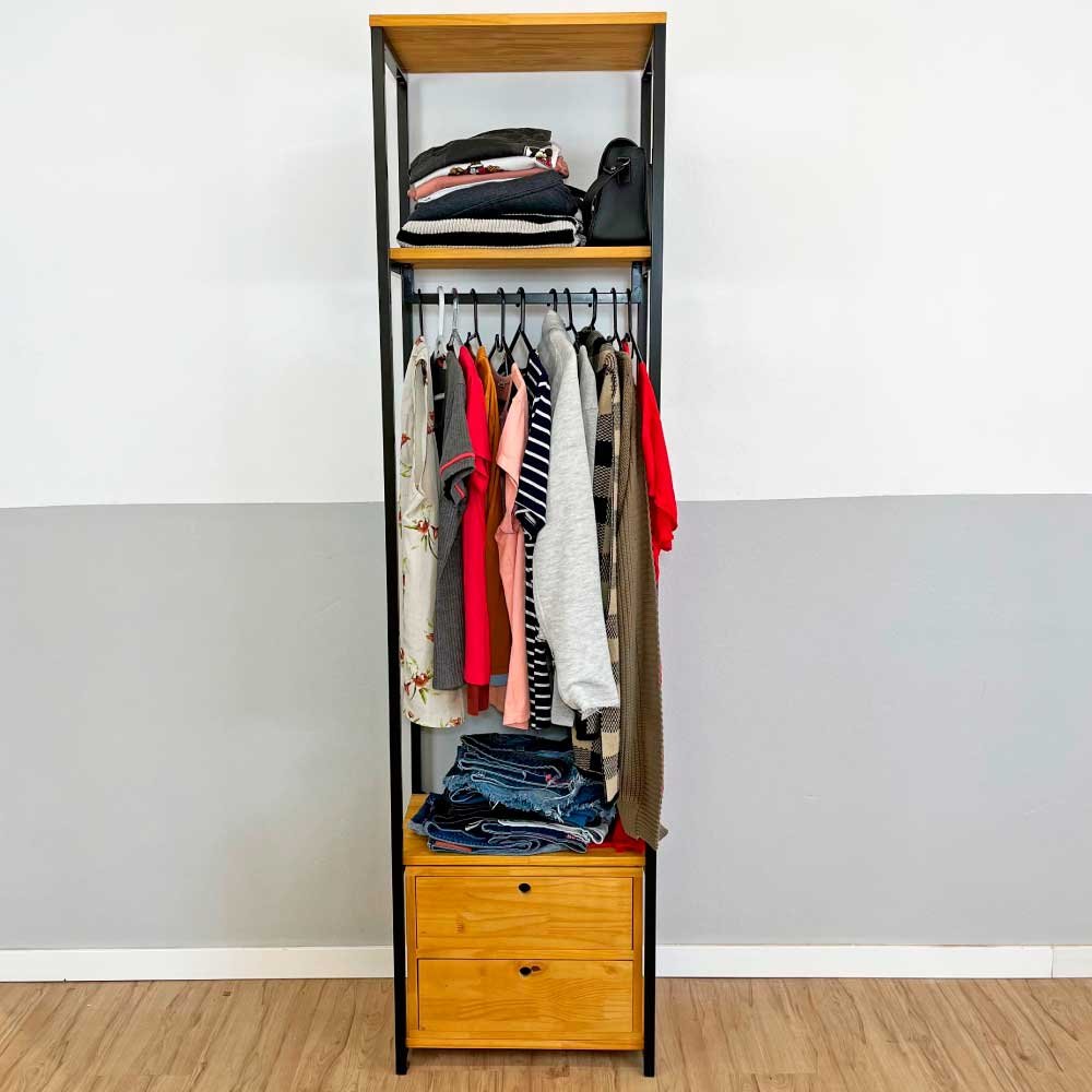 Arara de Roupas de Ferro e Madeira Middle Style Industrial Slim com 1 Gaveteiro Nozes e Preto