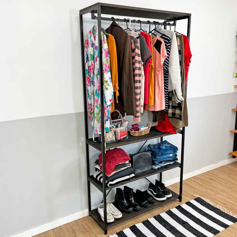 Arara de Roupas de Madeira e Ferro High Style Industrial Ample Tabaco e Preto