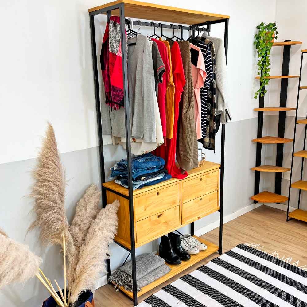 Arara de Roupas de Madeira e Ferro High Style Industrial Ample com 2 Gaveteiros Nozes e Preto