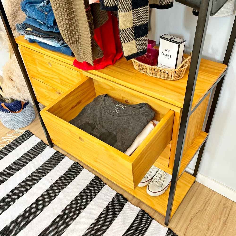 Arara de Roupas de Madeira e Ferro High Style Industrial Ample com 2 Gaveteiros Nozes e Preto