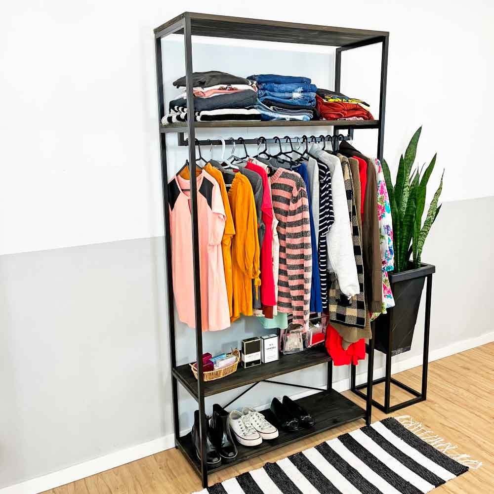 Arara de Roupas de Madeira e Ferro Middle Style Industrial Ample Tabaco e Preto