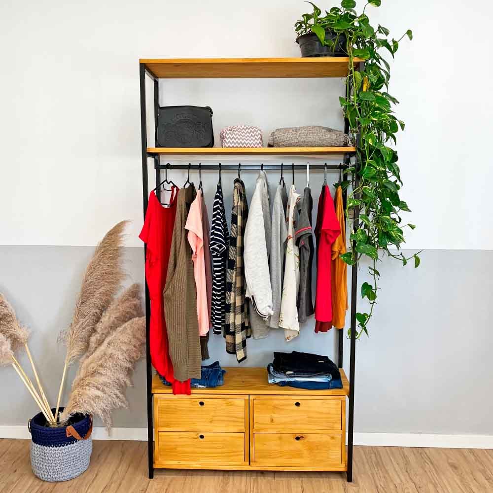 Arara de Roupas de Madeira e Ferro Middle Style Industrial Ample com 2 Gaveteiros Nozes e Preto