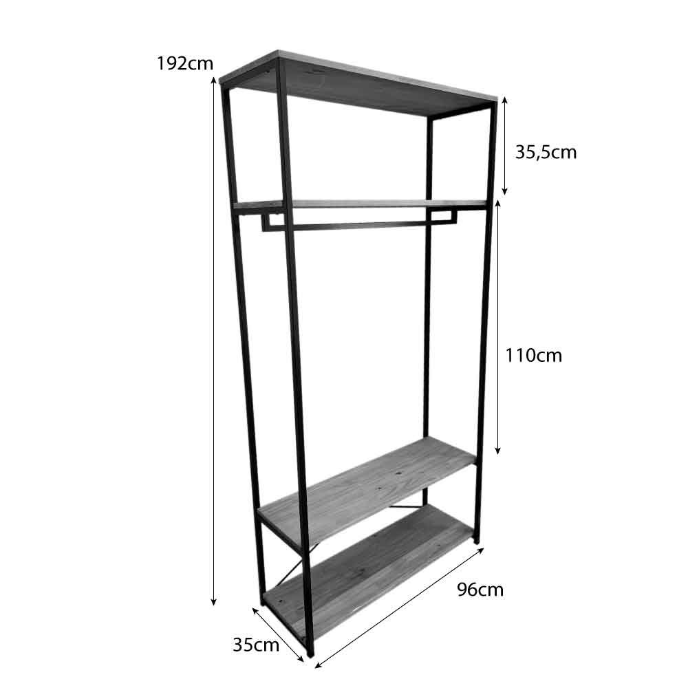 Arara de Roupas de Madeira e Ferro Middle Style Industrial Ample com 2 Gaveteiros Nozes e Preto