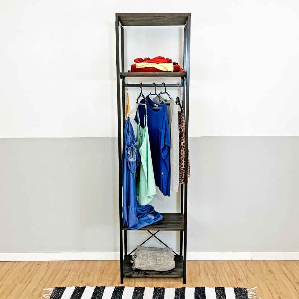 Arara de Roupas de Madeira e Ferro Middle Style Industrial Slim Tabaco e Preto