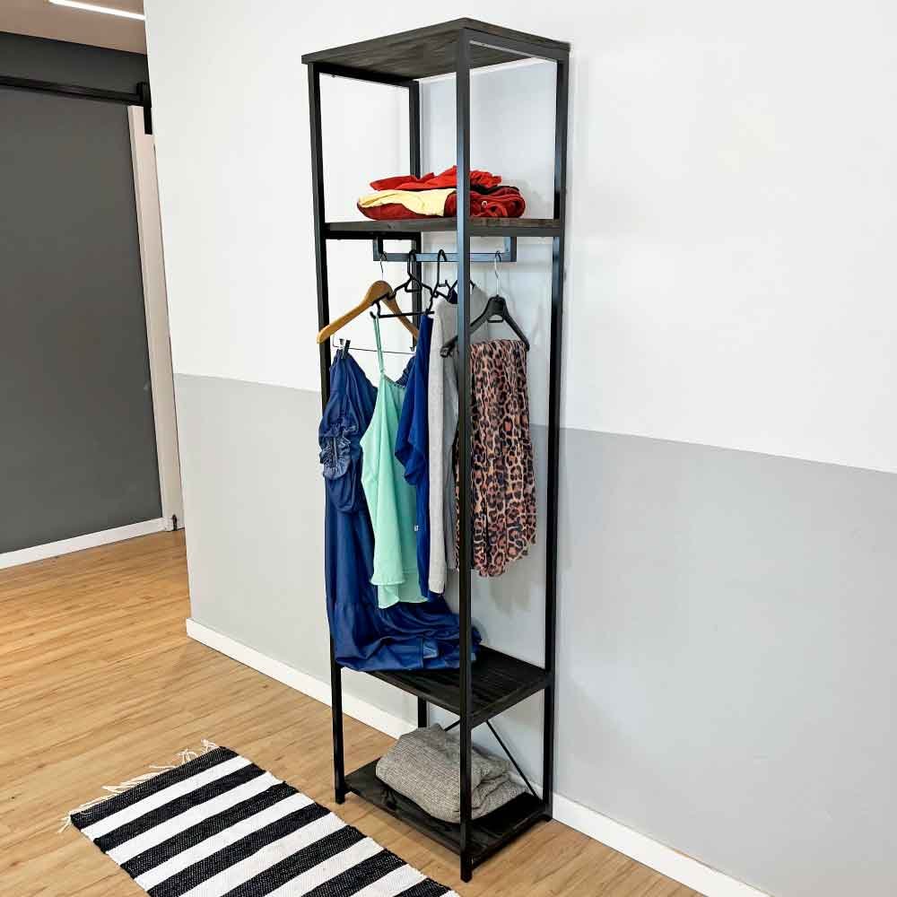 Arara de Roupas de Madeira e Ferro Middle Style Industrial Slim Tabaco e Preto
