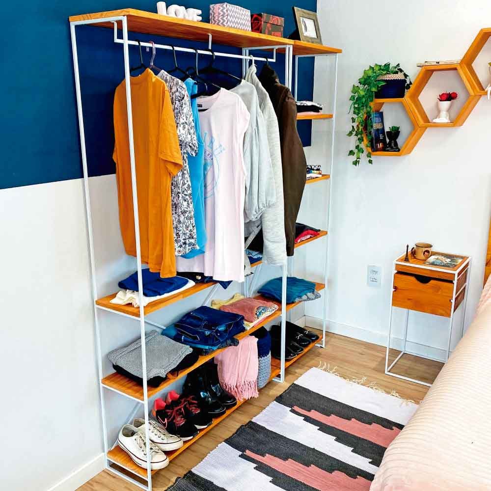 Armário Arara Industrial Closet Completo Modular Ample de Ferro e Madeira Carvalho e Branco