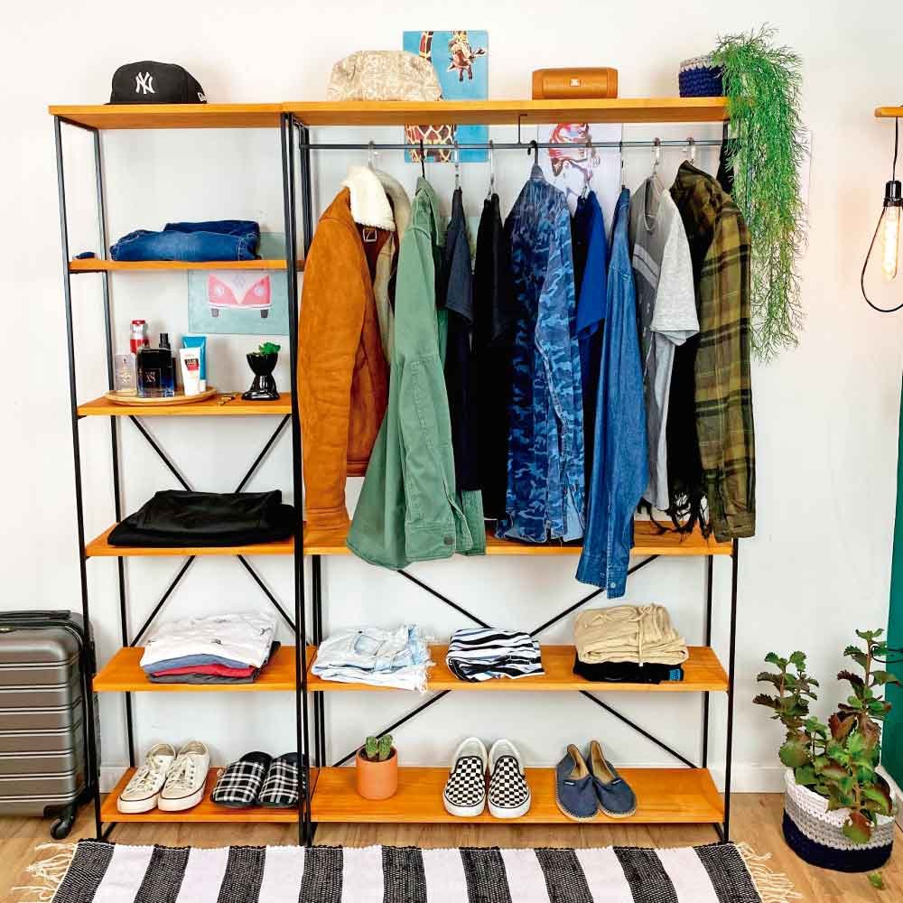 Armário Arara Industrial Closet Completo Modular Ample de Ferro e Madeira Carvalho e Preto