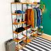 Armário Arara Industrial Closet Completo Modular Ample de Ferro e Madeira Carvalho e Preto