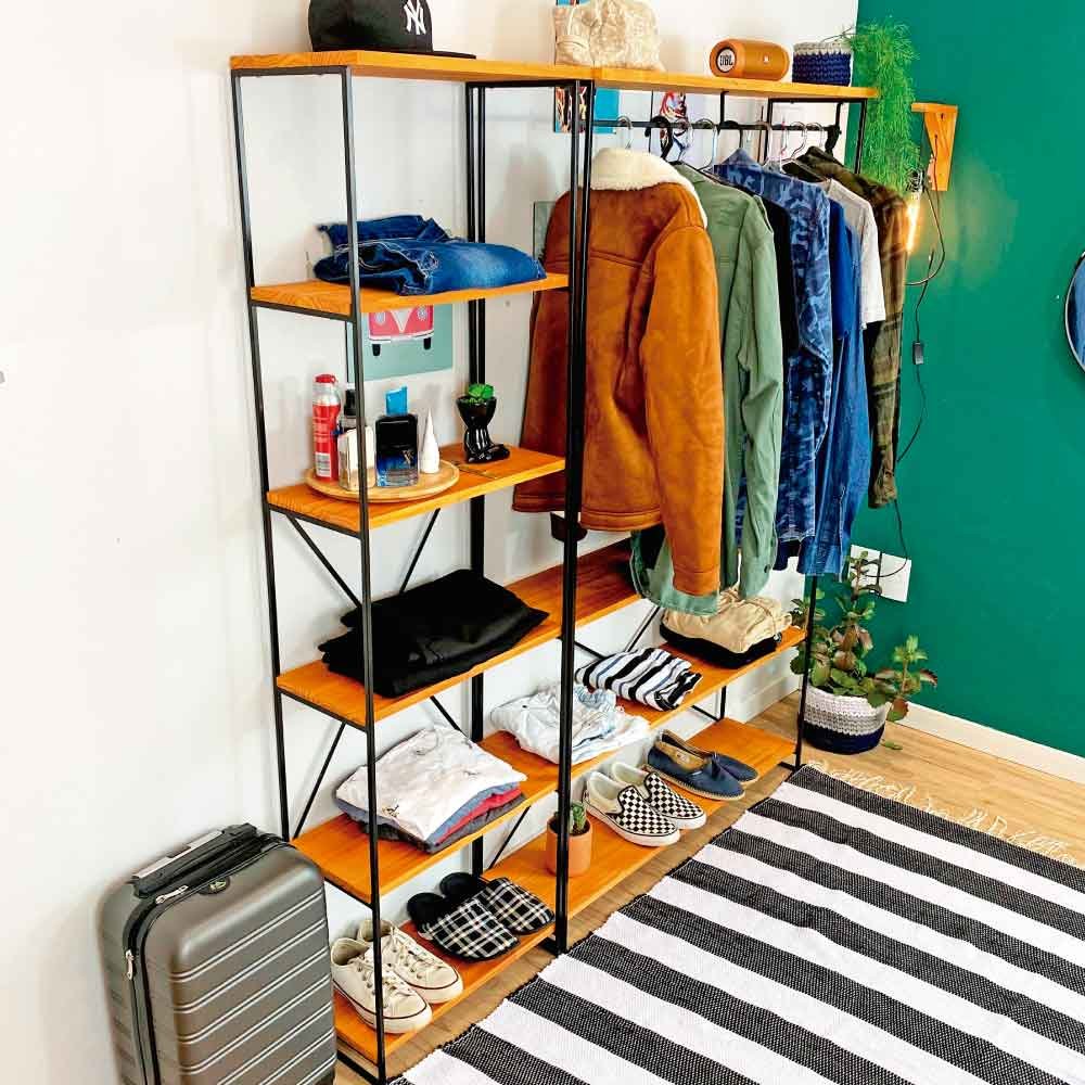 Armário Arara Industrial Closet Completo Modular Ample de Ferro e Madeira Carvalho e Preto
