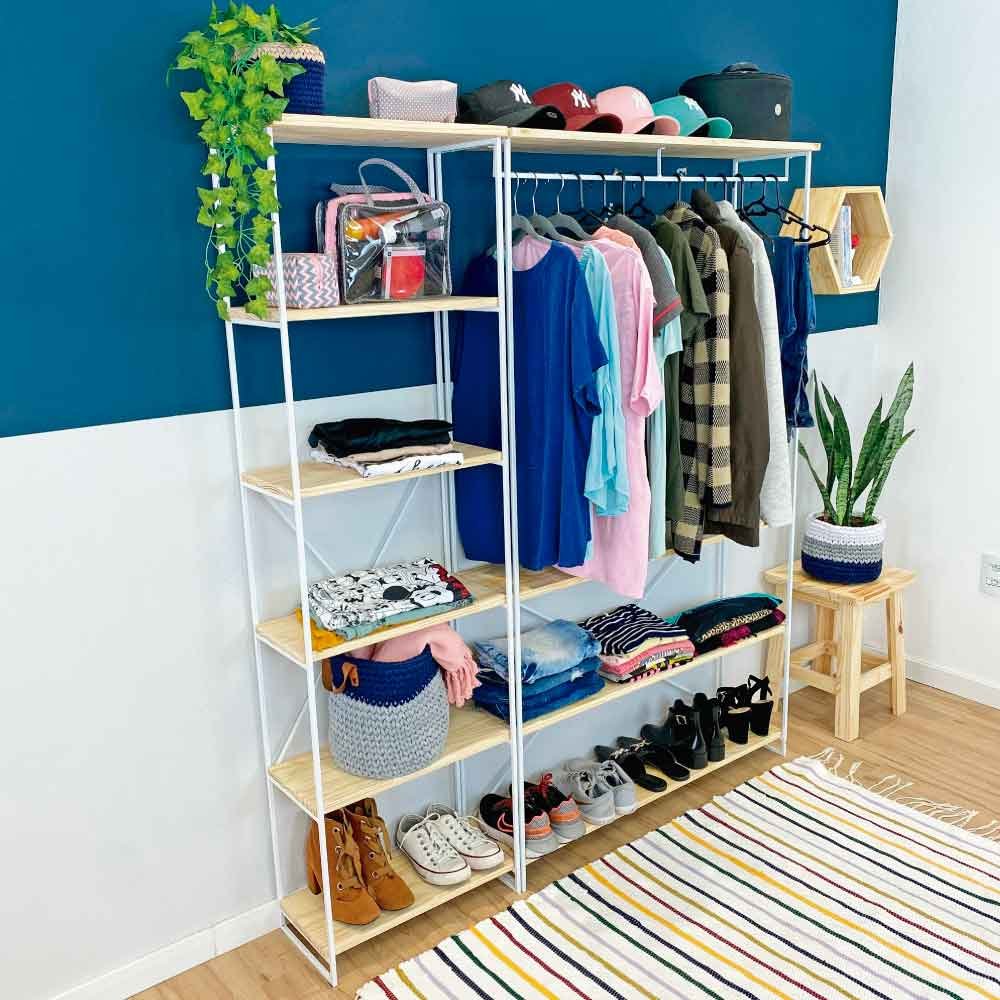 Armário Arara Industrial Closet Completo Modular Ample de Ferro e Madeira Natural e Branco