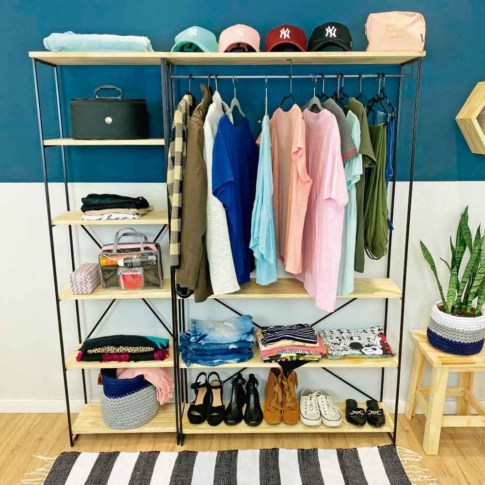Armário Arara Industrial Closet Completo Modular Ample de Ferro e Madeira Natural e Preto